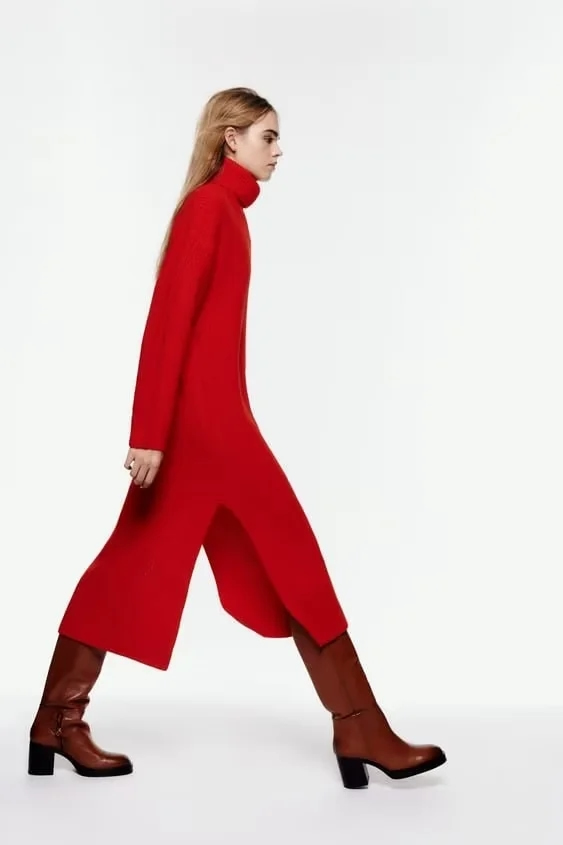 Fashion Red Turtleneck Knitted Dress,Long Dress