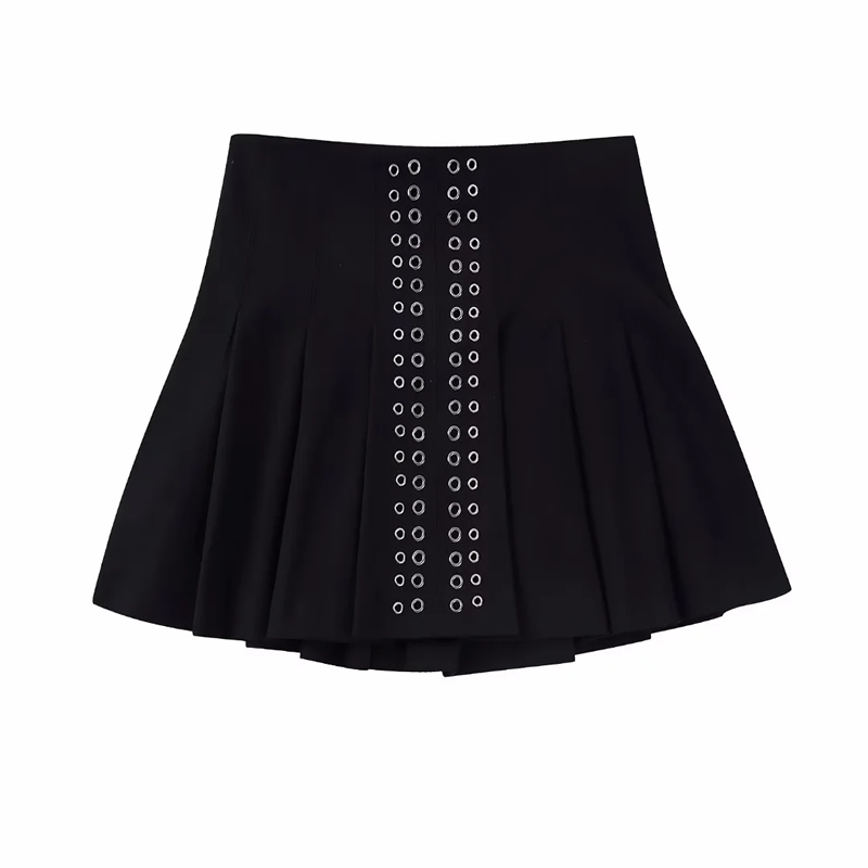 Fashion Black Woven Double Eyelet Pleated Skirt,Skirts