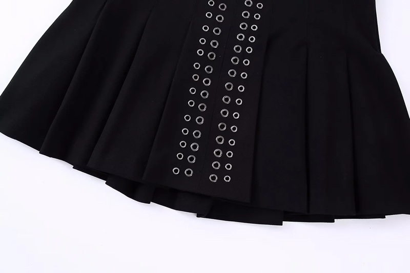 Fashion Black Woven Double Eyelet Pleated Skirt,Skirts