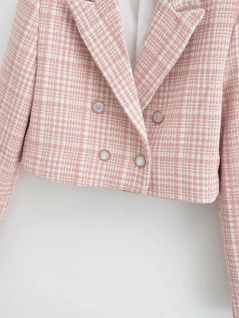 Fashion Pink Solid Check Lapel Double-breasted Cropped Blazer,Coat-Jacket