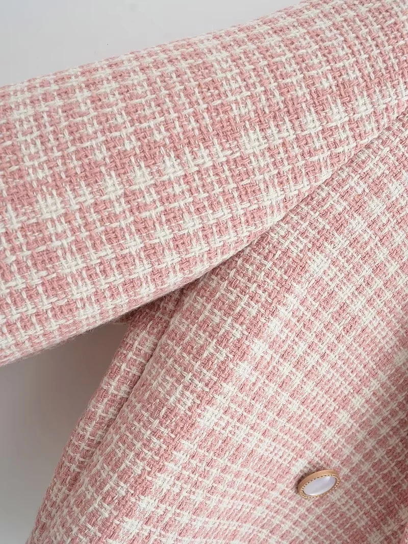 Fashion Pink Solid Check Lapel Double-breasted Cropped Blazer,Coat-Jacket