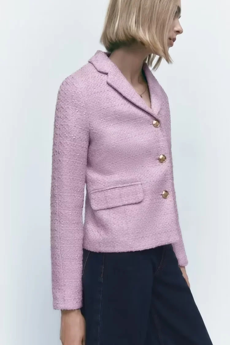 Fashion Purple Geometric Check Lapel-breasted Blazer,Coat-Jacket