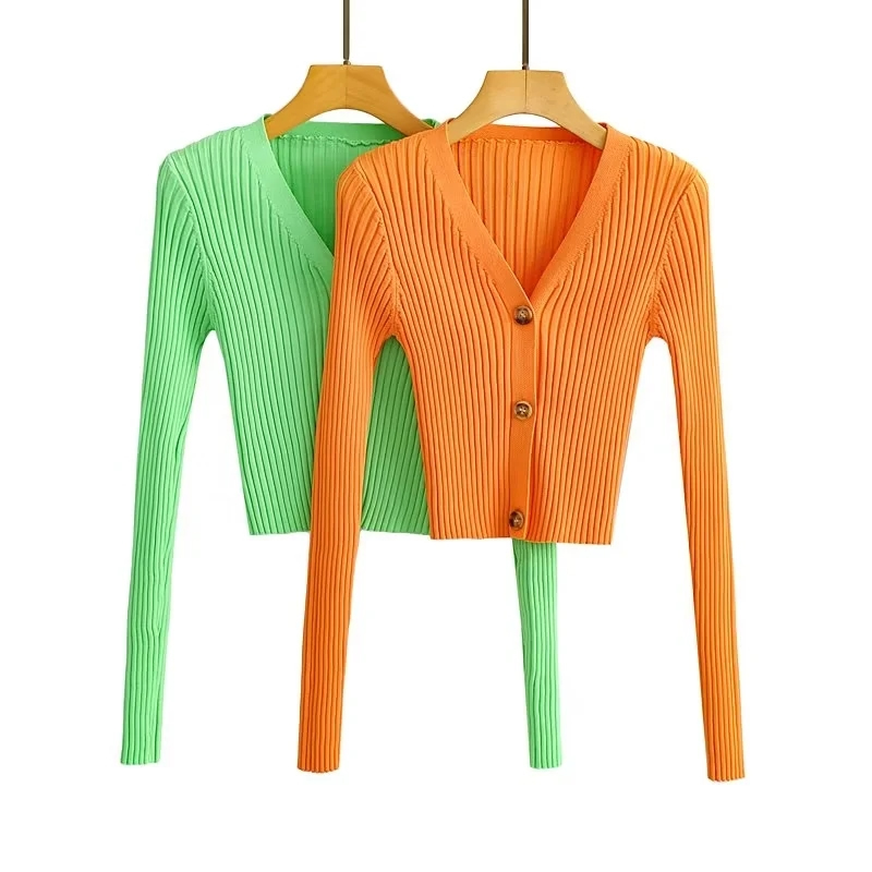 Fashion Orange Knitted Button-down V-neck Cardigan,Coat-Jacket