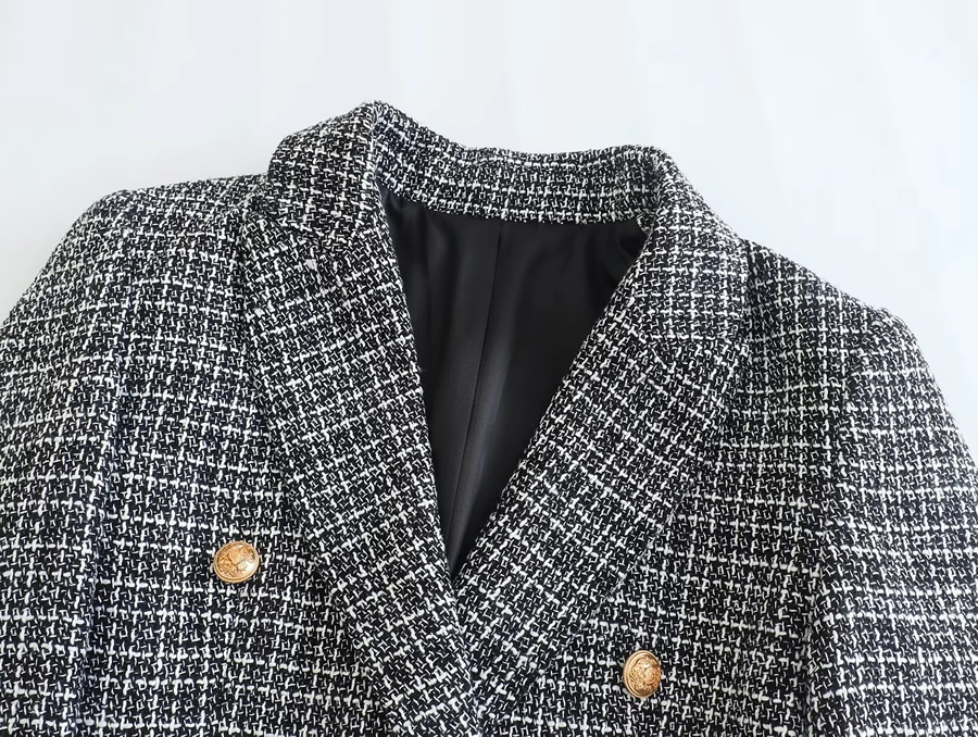 Fashion Grey Woven Textured Double-breasted Blazer,Coat-Jacket