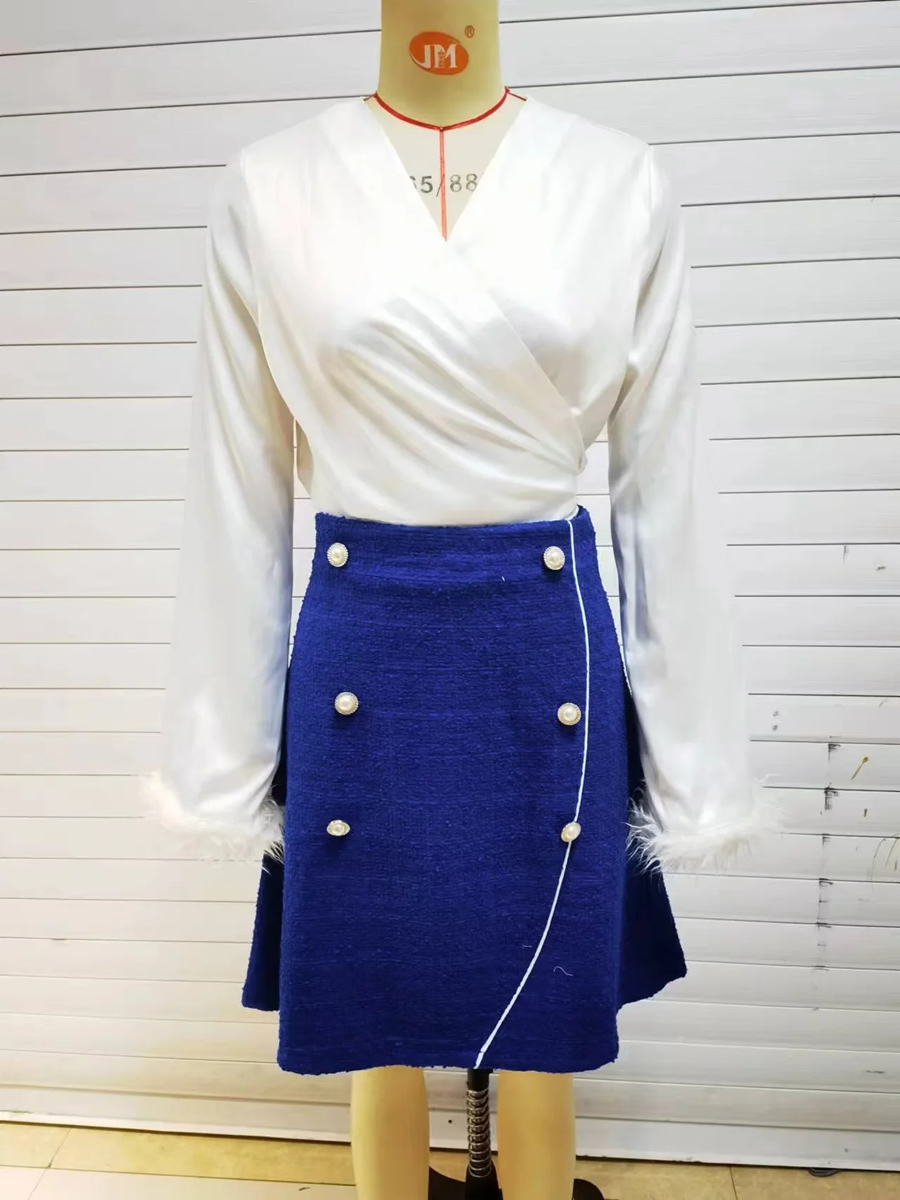 Fashion Royal Blue Coarse Textile Pearl Small Fragrance Wind Skirt,Skirts