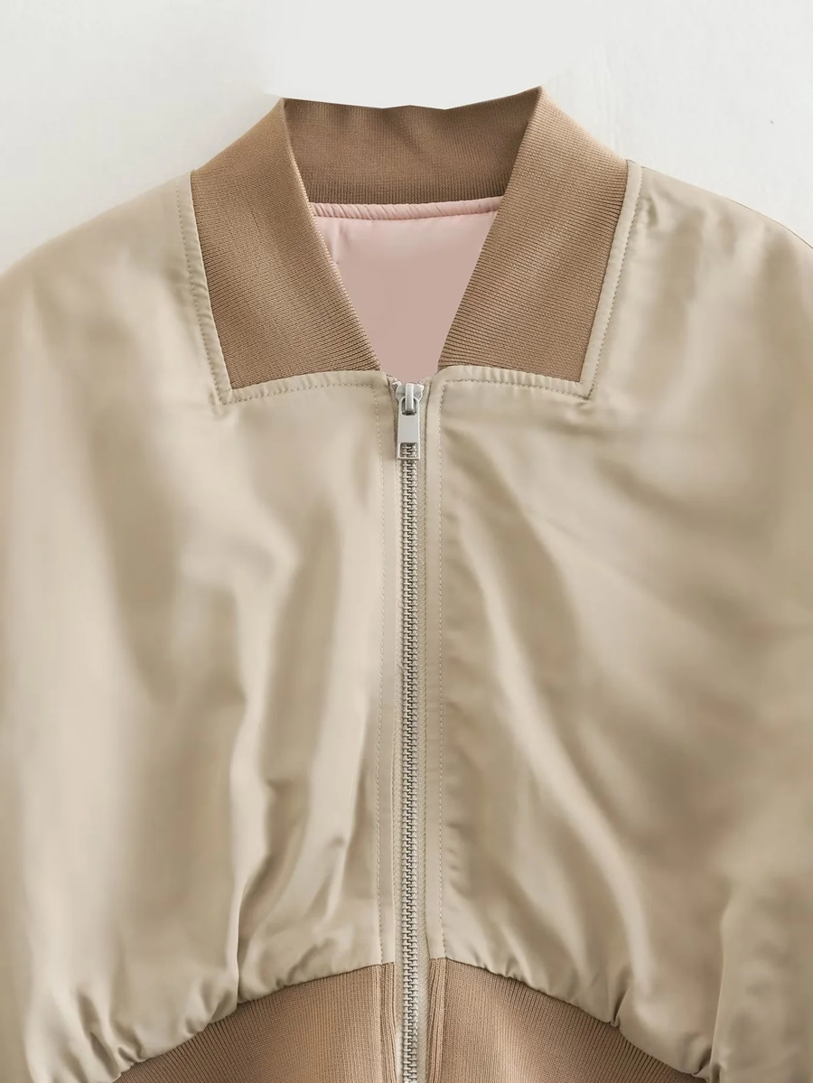 Fashion Apricot Silk Satin Texture Short Pilot Jacket Jacket,Coat-Jacket