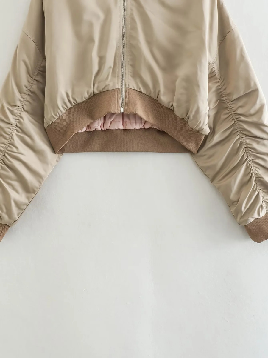 Fashion Apricot Silk Satin Texture Short Pilot Jacket Jacket,Coat-Jacket