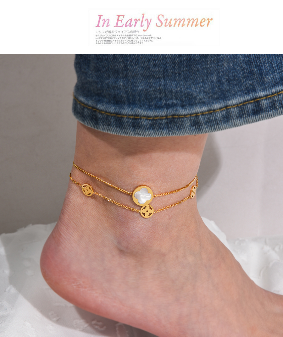 Fashion Rose Gold Titanium Steel Double Chain Shell Clover Anklet,Fashion Anklets