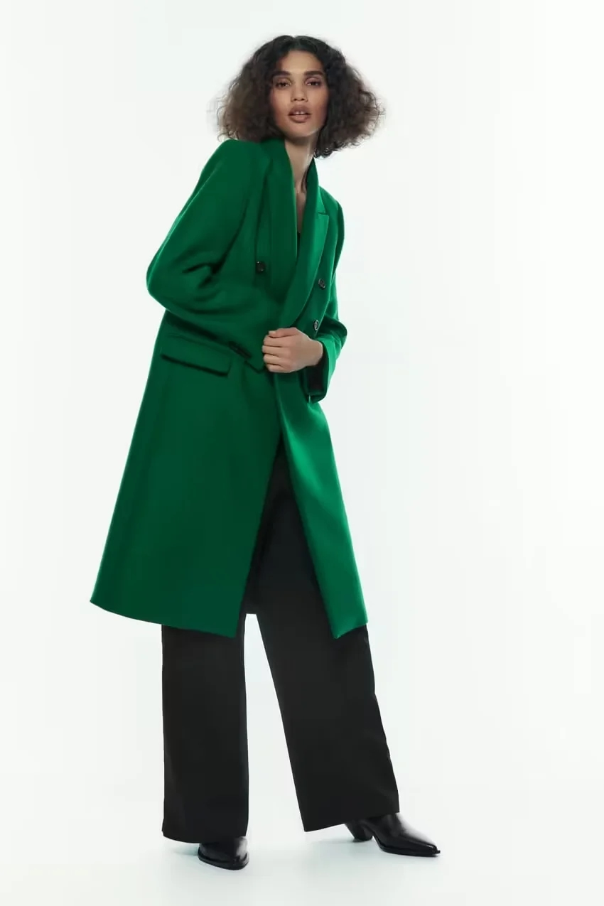 Fashion Green Wool Double Breasted Pocket Laple Coat,Coat-Jacket