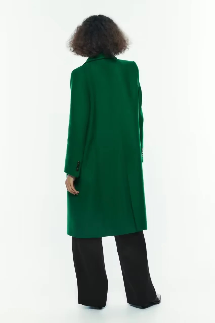 Fashion Green Wool Double Breasted Pocket Laple Coat,Coat-Jacket