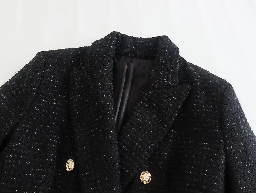 Fashion Black Textured Double-breasted Blazer,Coat-Jacket