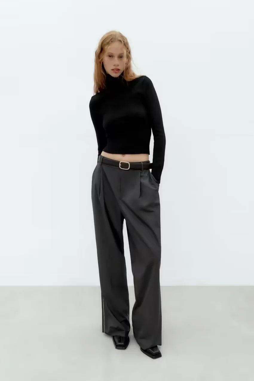 Fashion Black Polyester Micro Pleated Straight Trousers,Pants