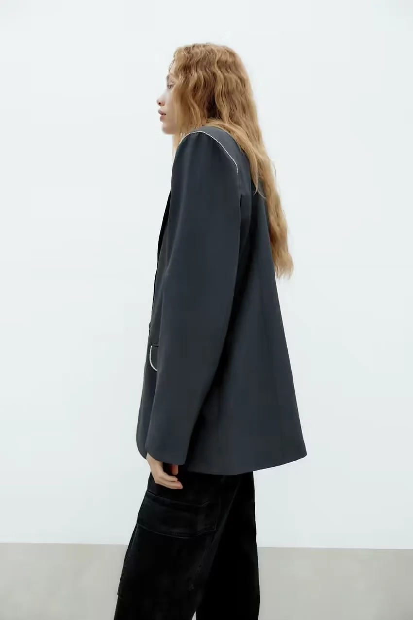 Fashion Black Polyester Pocket Lapel Blazer,Coat-Jacket
