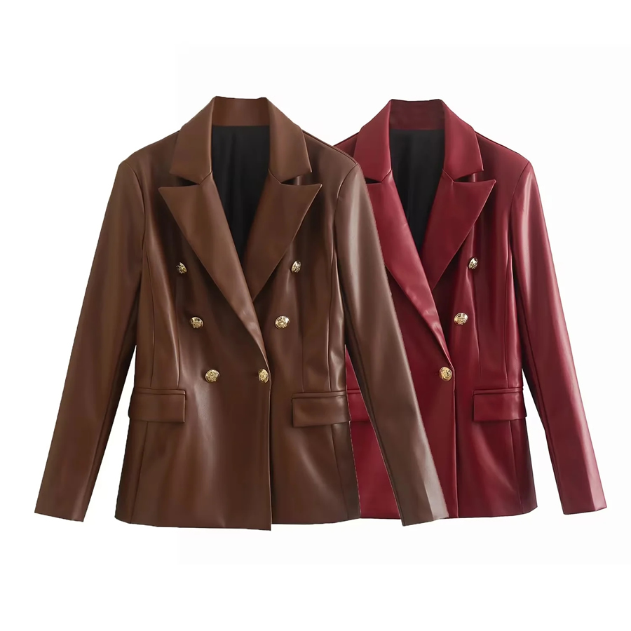 Fashion Brown Faux Leather Double-breasted Blazer,Coat-Jacket
