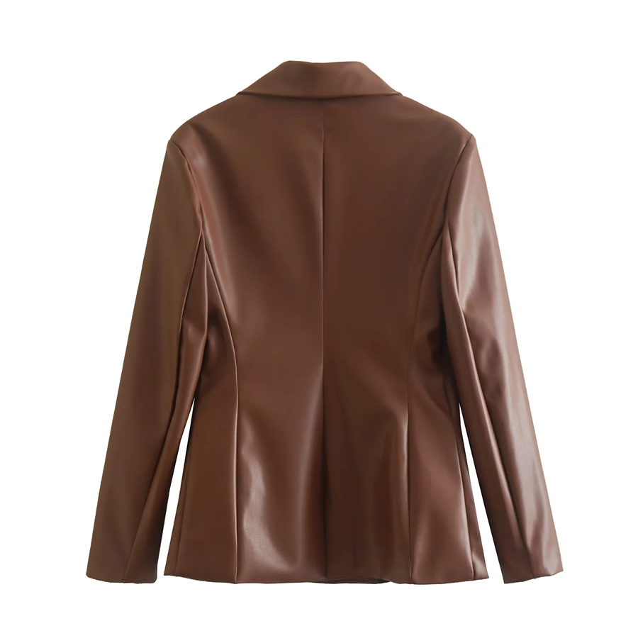 Fashion Brown Faux Leather Double-breasted Blazer,Coat-Jacket