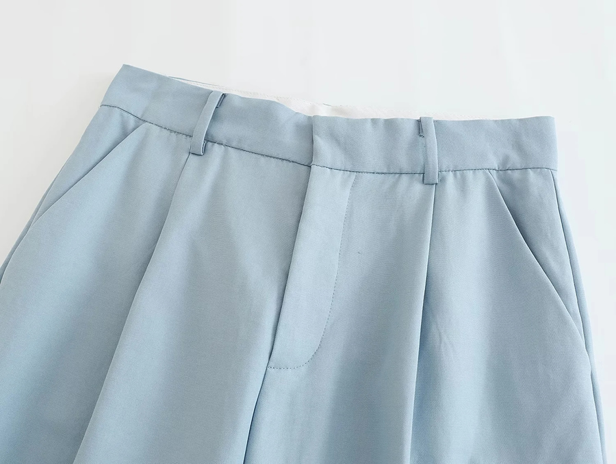 Fashion Blue Polyester Micro Pleated Straight Trousers,Pants