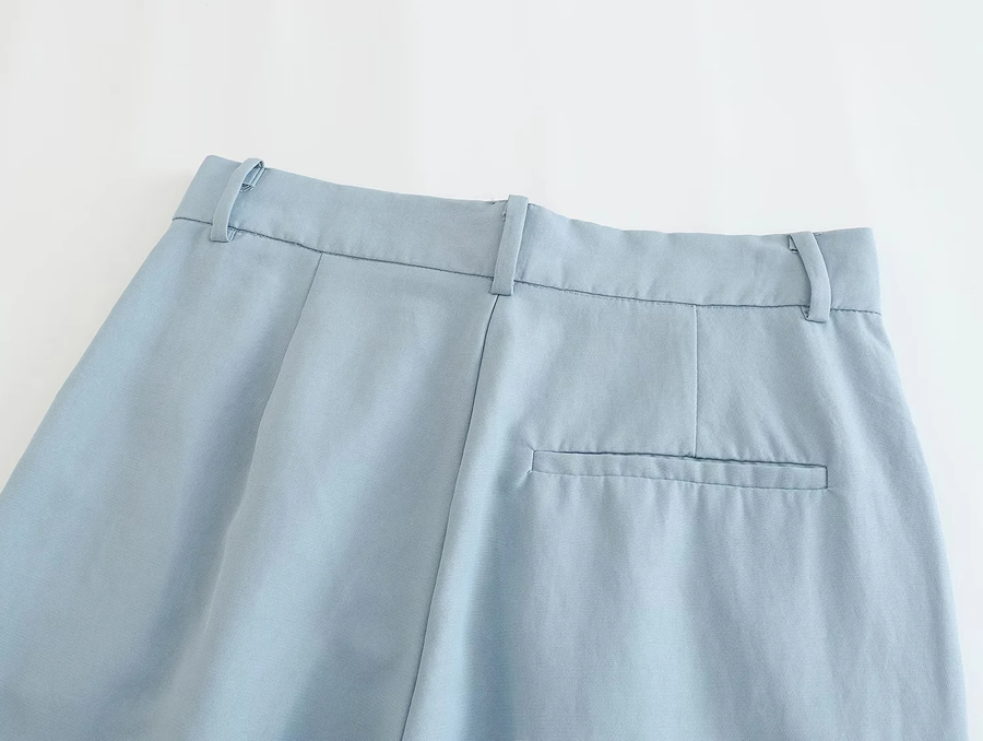 Fashion Blue Polyester Micro Pleated Straight Trousers,Pants