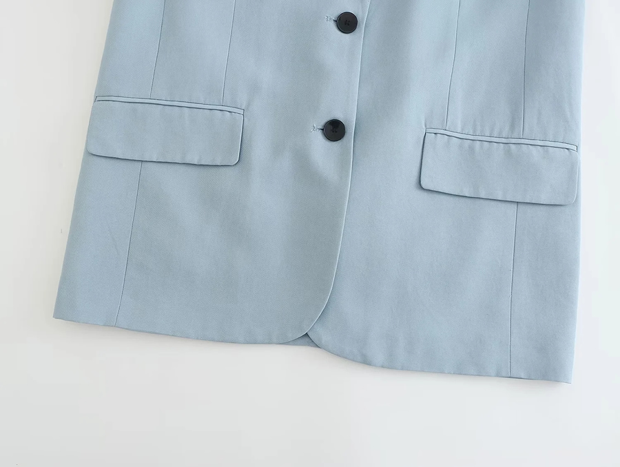 Fashion Blue Polyester Pocket Lapel Blazer,Coat-Jacket