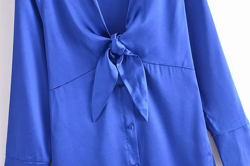 Fashion Blue Woven Lapel Tie Dress,Long Dress