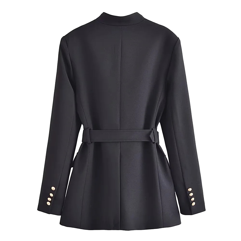 Fashion Black Woven-breasted Belted Coat,Coat-Jacket