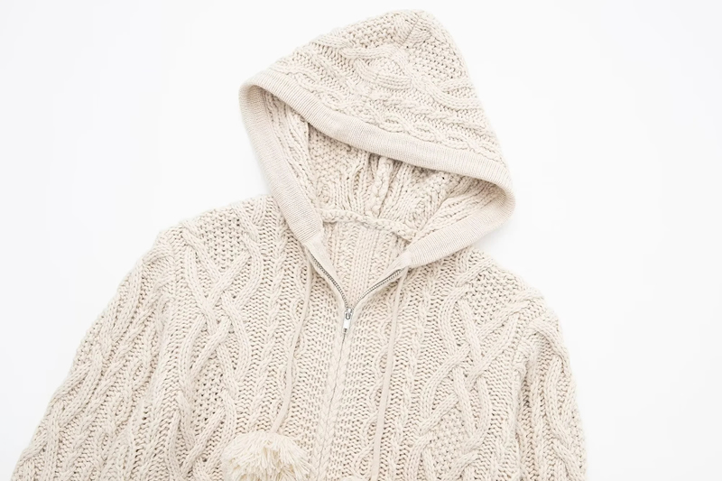Fashion White Wool Knit Hooded Zip Jacket,Sweater
