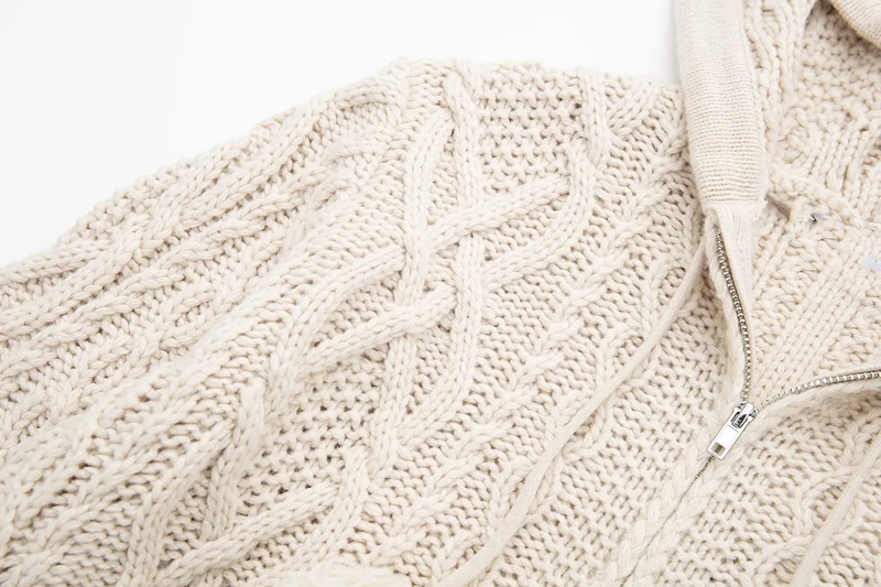 Fashion White Wool Knit Hooded Zip Jacket,Sweater