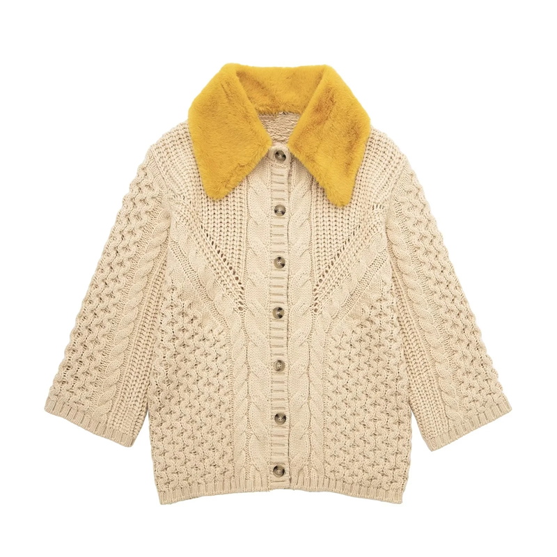 Fashion White Knitted Lapel Button-down Cardigan Coat,Sweater