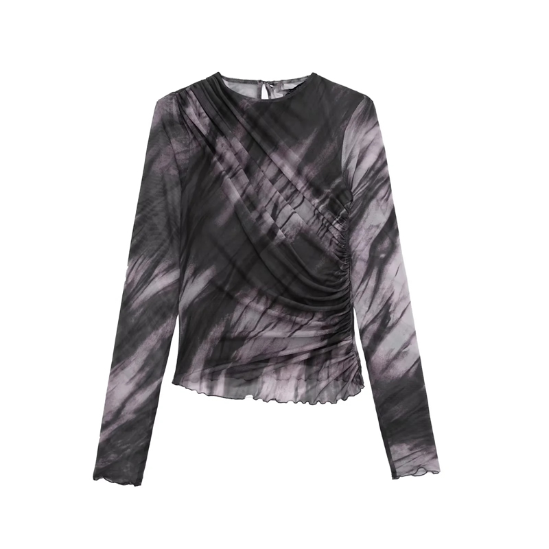 Fashion Black Crinkled Printed Tulle Top,Sweater