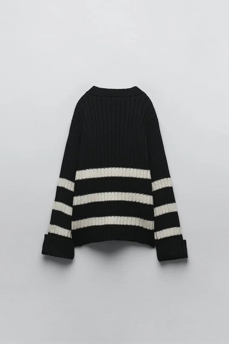Fashion Black Striped Knitted Jacket,Sweater