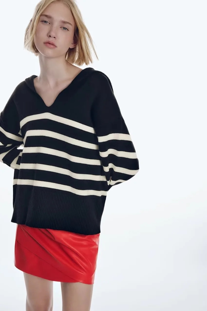 Fashion Black And White Wool Knit Striped Sweater,Sweater