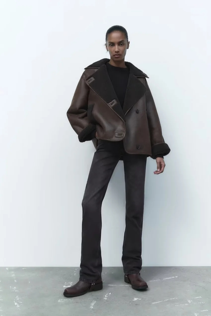 Fashion Brown Fur Integrated Lapel Coat,Sweater