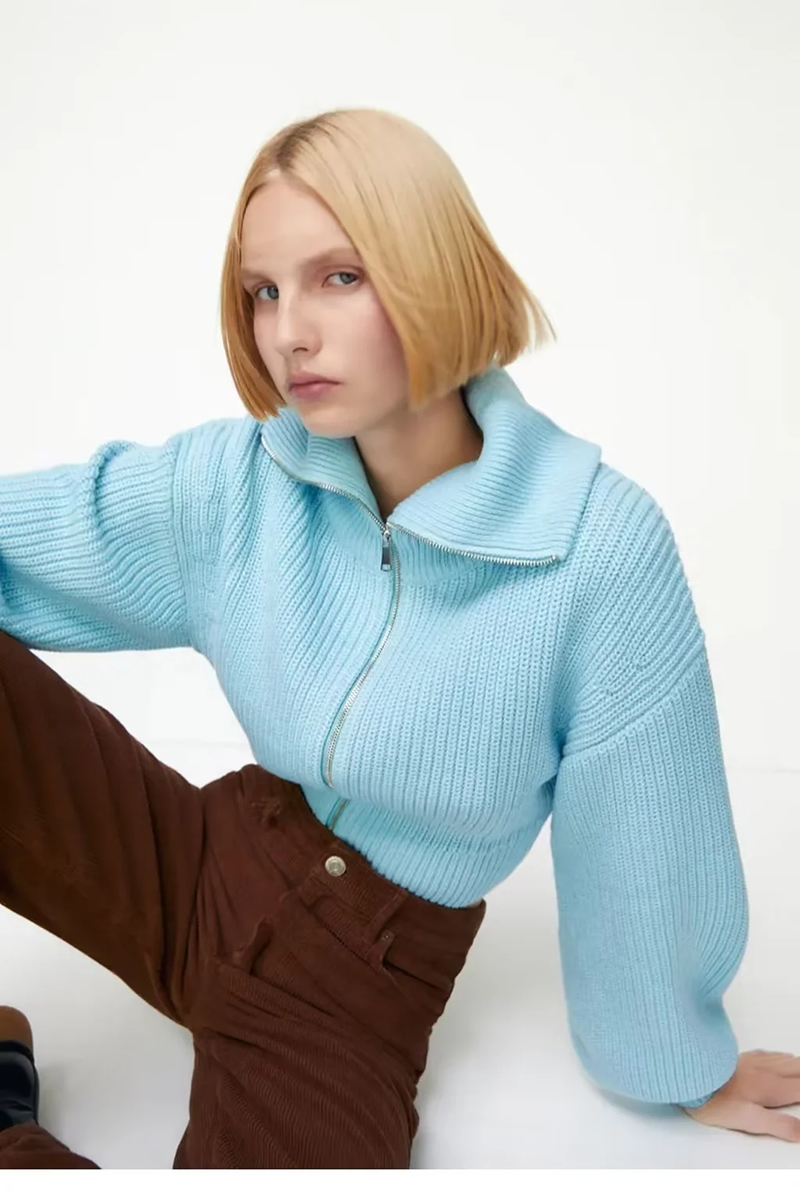 Fashion Blue Wool Knit Lapel Zip Jacket,Sweater