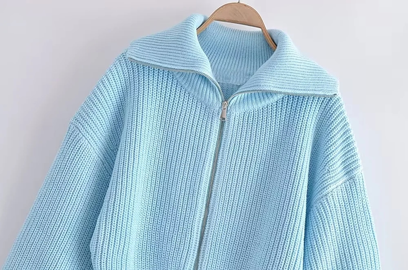 Fashion Blue Wool Knit Lapel Zip Jacket,Sweater