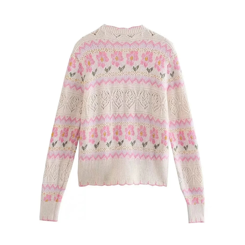 Fashion Pink Floral Jacquard Knitted Jacket,Sweater