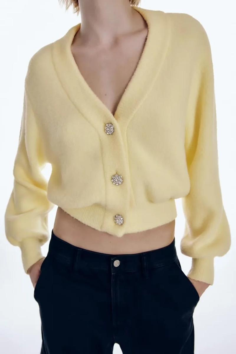 Fashion Yellow Jewelry Knit Jewelry Breasted Cardigan,Sweater