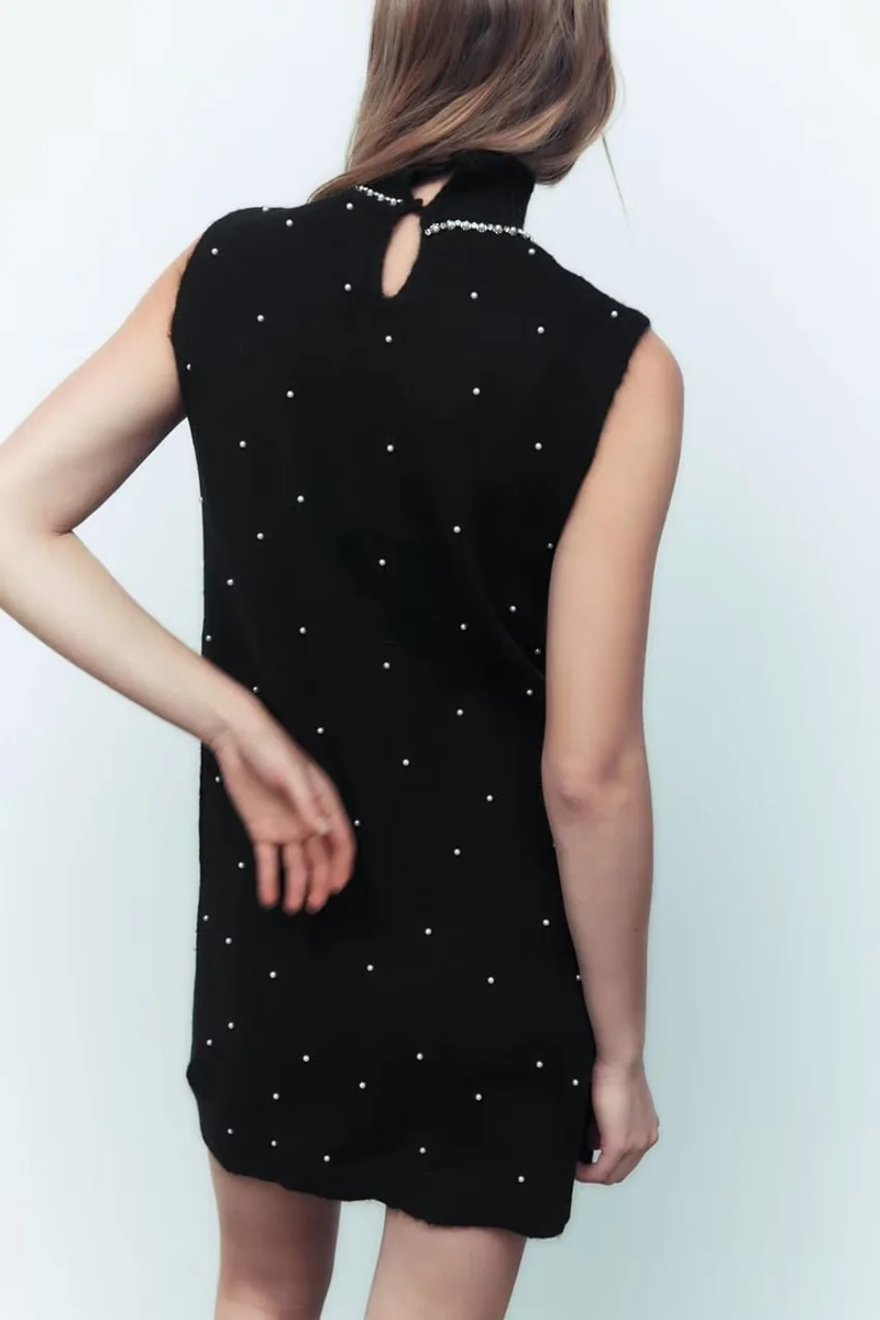 Fashion Black Pearl-embellished Knitted Dress,Long Dress