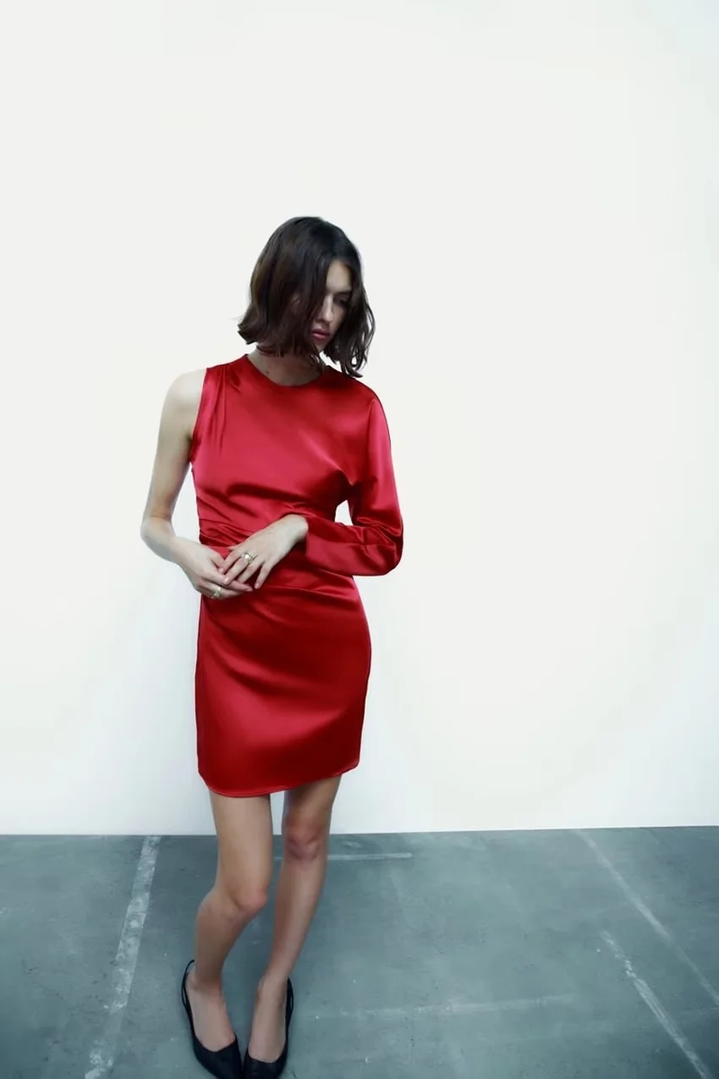 Fashion Red Silk-satin One-sided Long-sleeve Pleated Dress,Long Dress