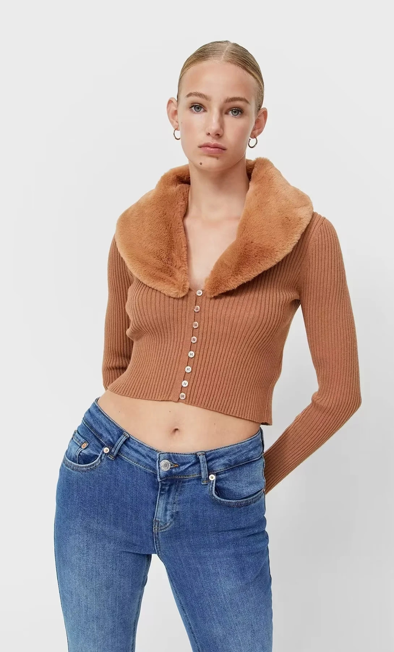 Fashion Brown Fur Collar Knitted Cardigan Coat,Sweater