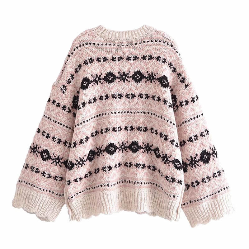 Fashion Pink Knitted Jacquard Side Slit Sweater,Sweater