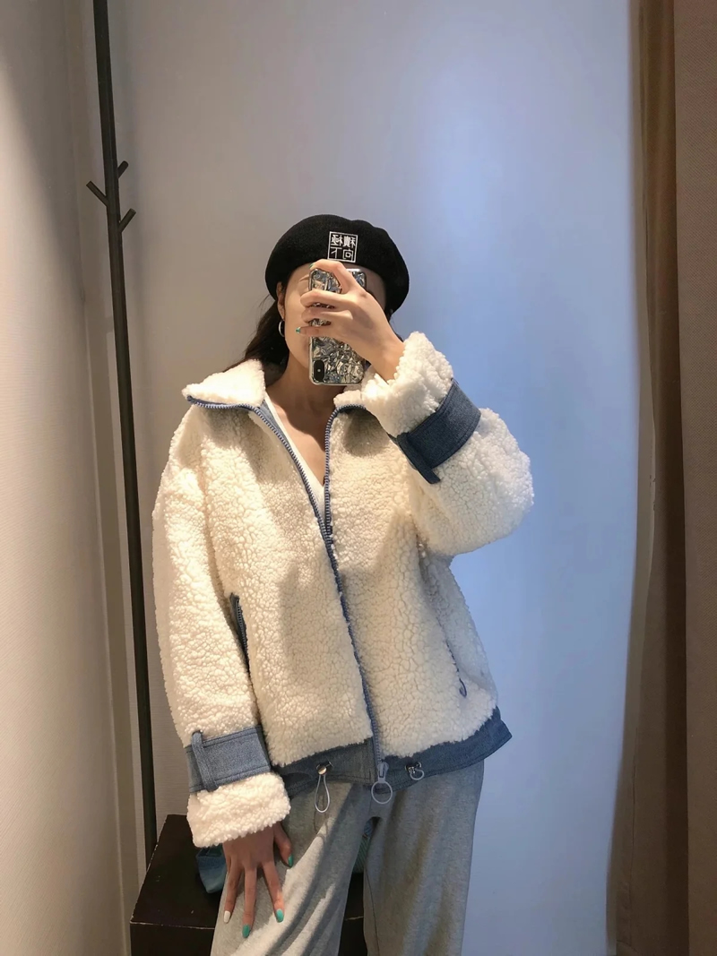 Fashion White Lamb Wool Lapel Zip Jacket,Sweater
