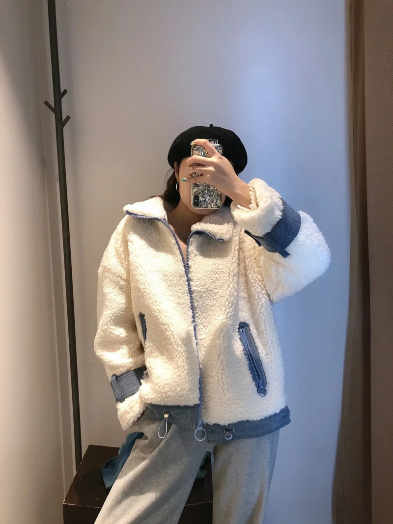 Fashion White Lamb Wool Lapel Zip Jacket,Sweater