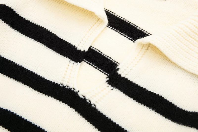 Fashion Black And White Wool Knit Striped Lapel Sweater,Sweater