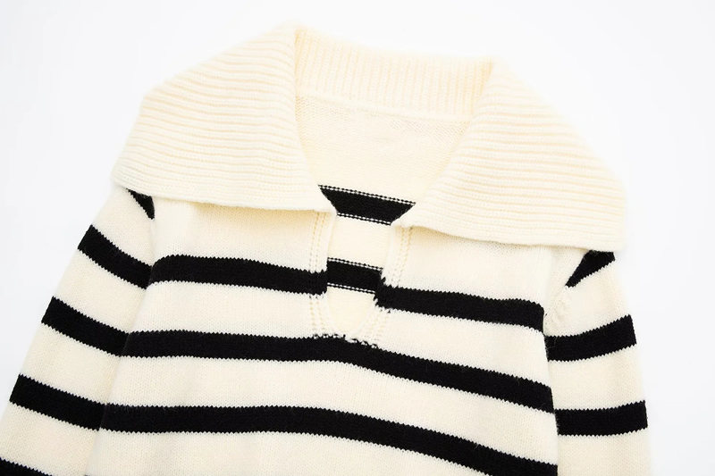 Fashion Black And White Wool Knit Striped Lapel Sweater,Sweater