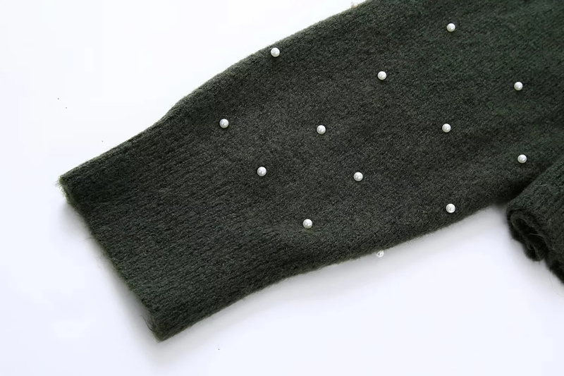 Fashion Dark Green Pearl-embellished Knit-breasted Cardigan,Sweater