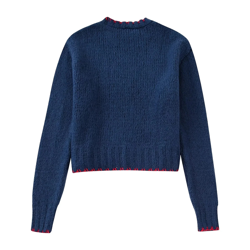 Fashion Blue Contrast Knitted Sweater,Sweater