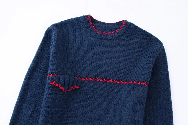 Fashion Blue Contrast Knitted Sweater,Sweater