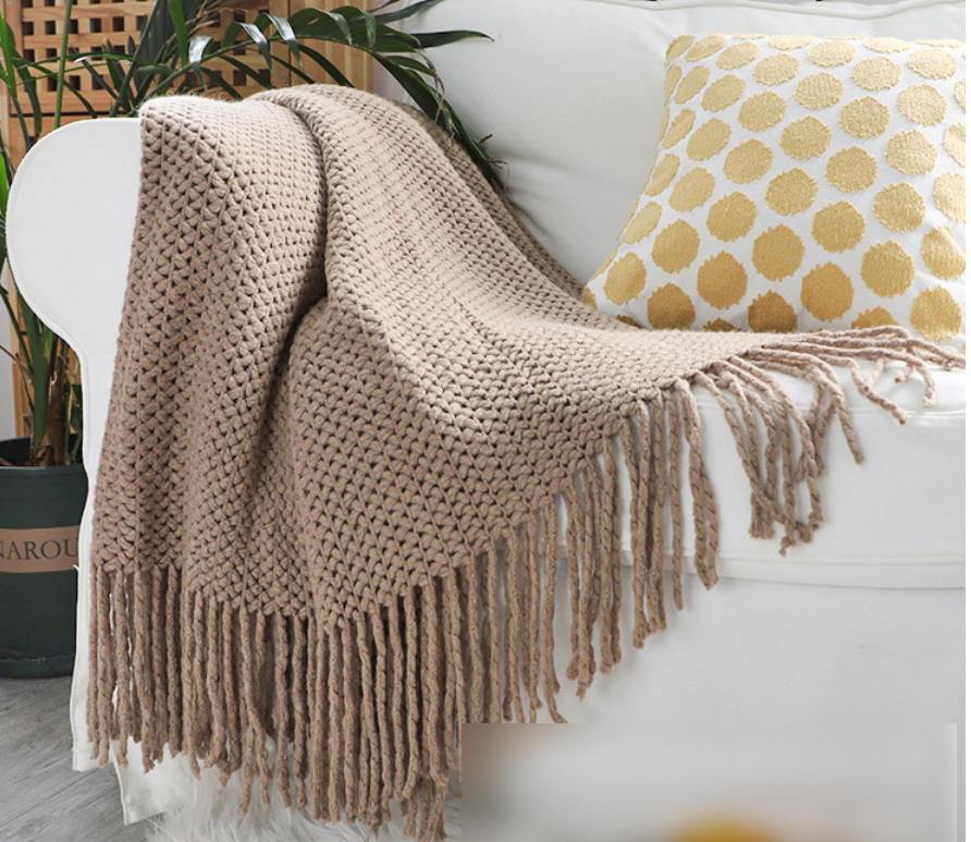 Fashion Caramel Colour Hollow Knit Sofa Blanket,Home Textiles