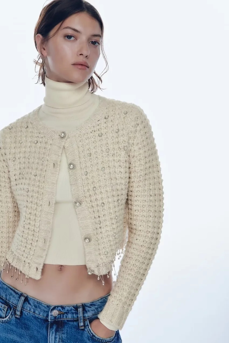 Fashion White Beaded Knit-breasted Jacket,Coat-Jacket