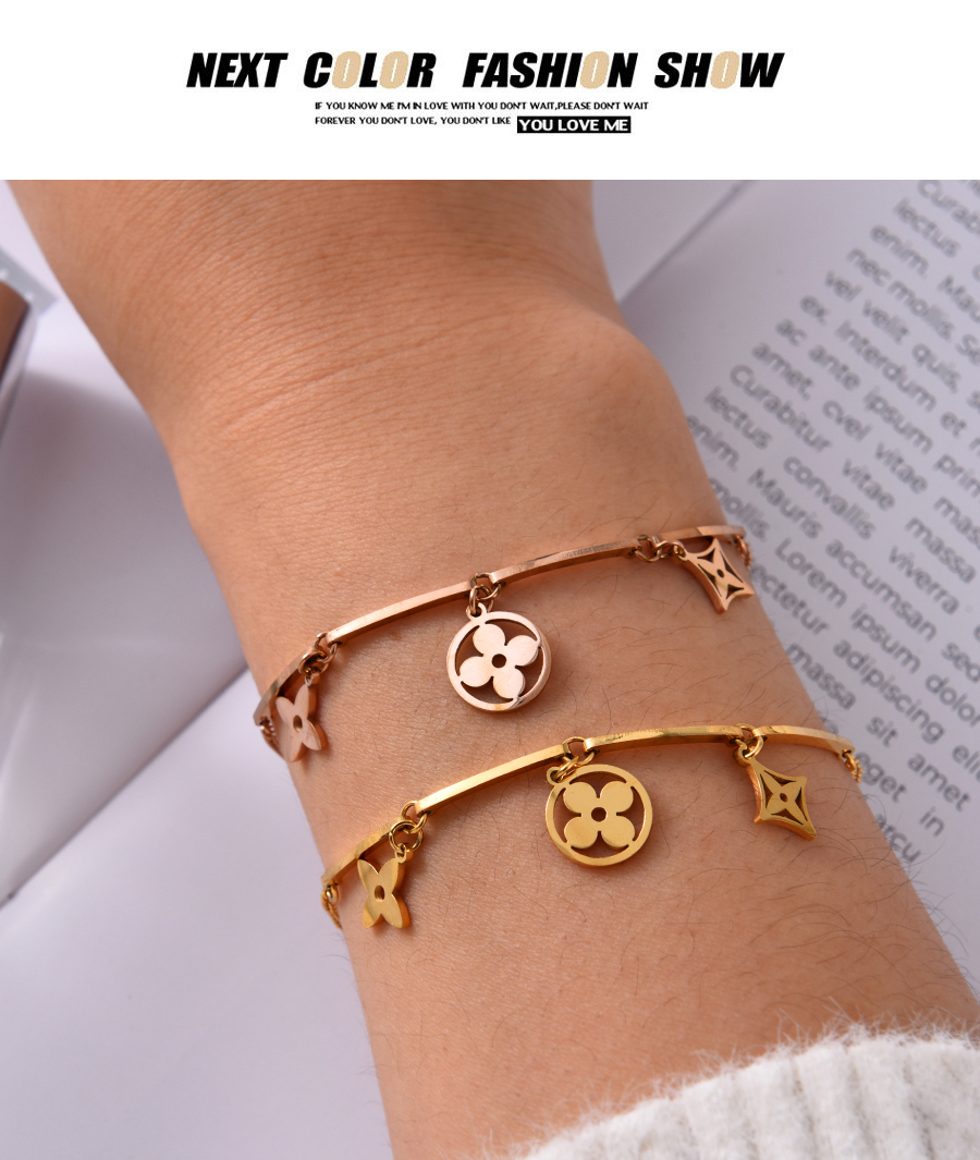 Fashion Rose Gold Titanium Steel Cutout Clover Pendant Bracelet,Bracelets