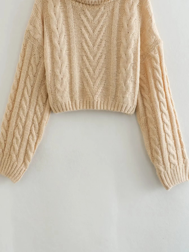 Fashion Beige Eight -stranded Short -collar Knitted Sweater,Sweater